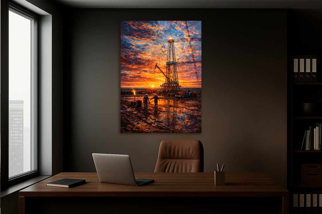 Oil Rig at Sunset Glass Wall Art on the wall