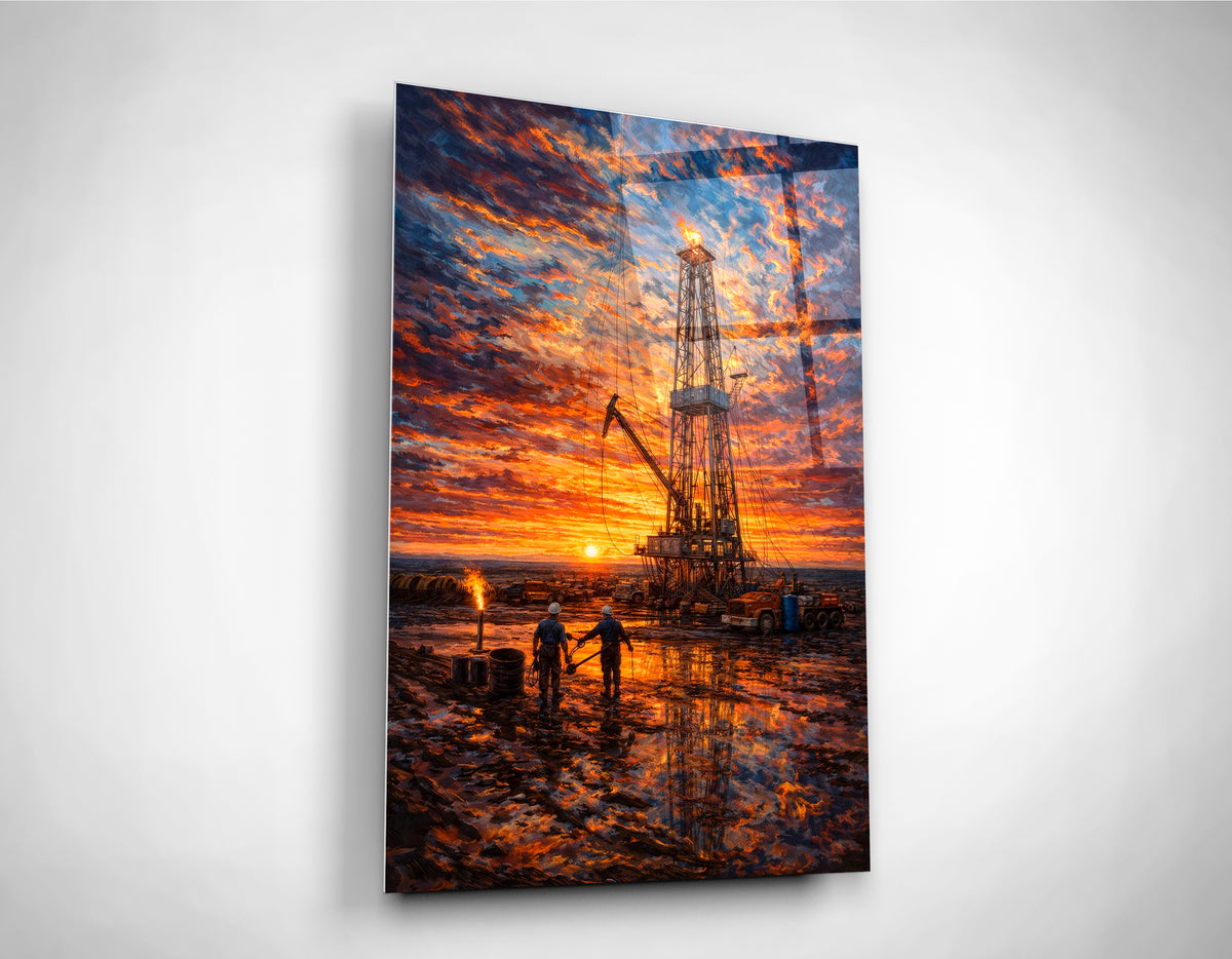 Oil Rig at Sunset Glass Wall Art close-up