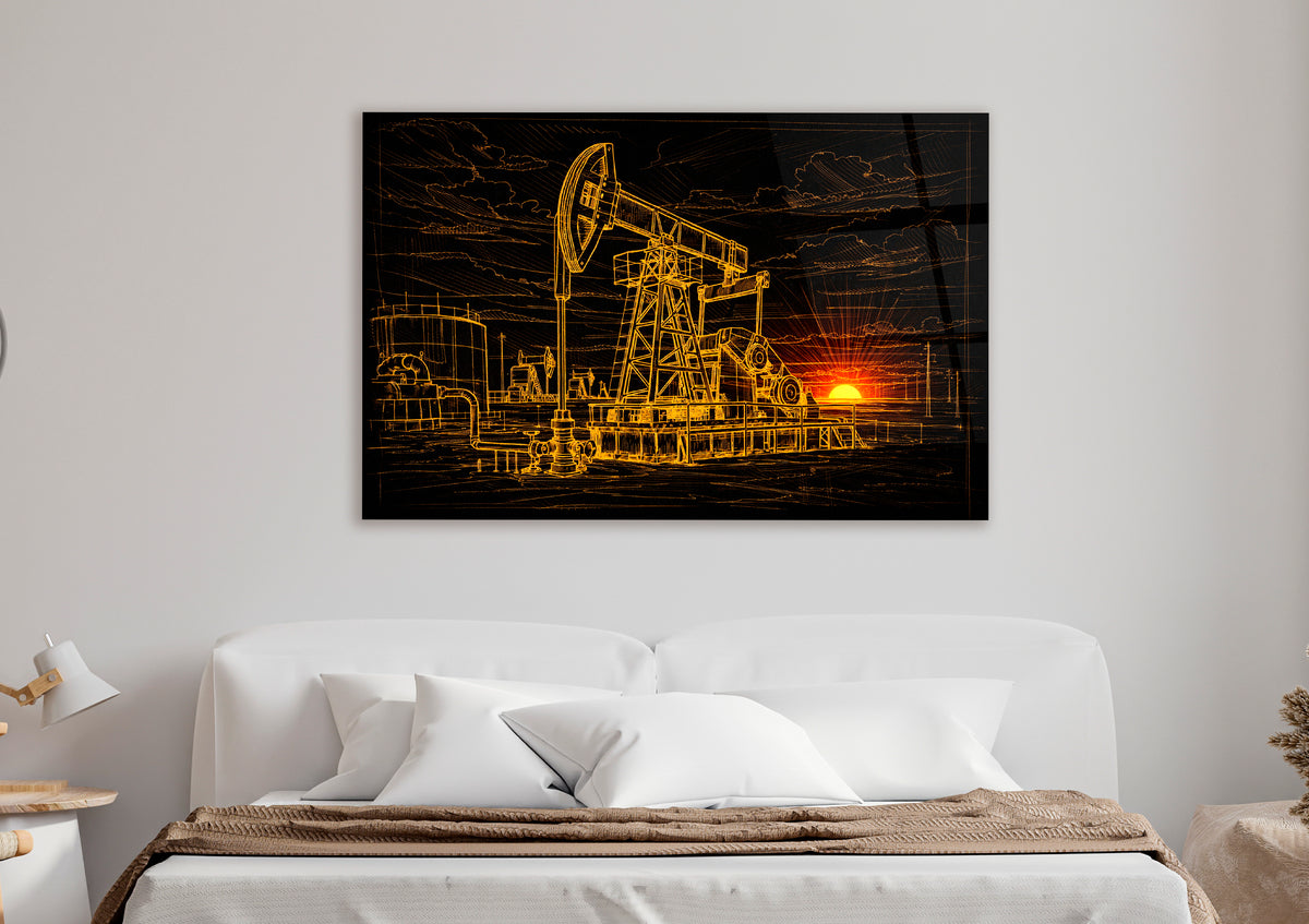 Golden Oil Pumpjack Sunset Glass Wall Art in a modern interior
