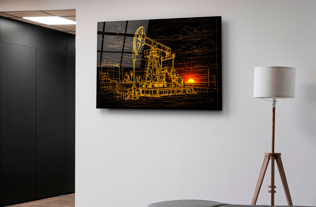 Golden Oil Pumpjack Sunset Glass Wall Art on the wall