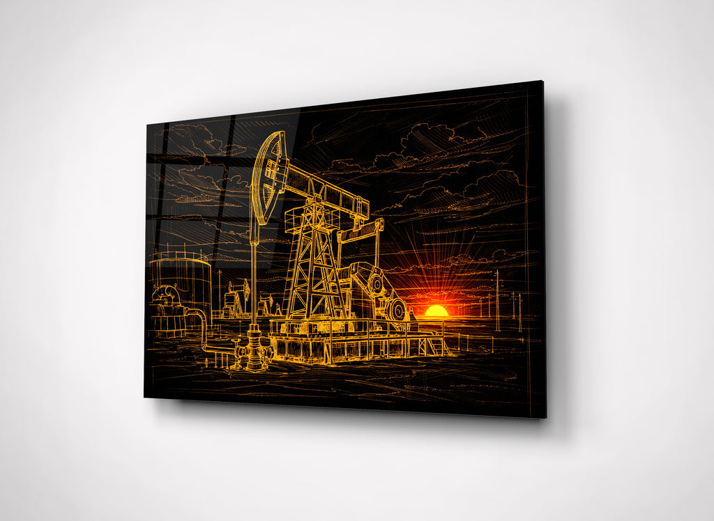 Golden Oil Pumpjack Sunset Glass Wall Art close-up