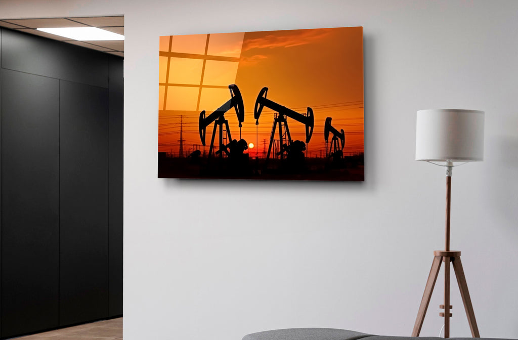 Oil Pumpjacks at Sunset Glass Wall Art in a modern interior