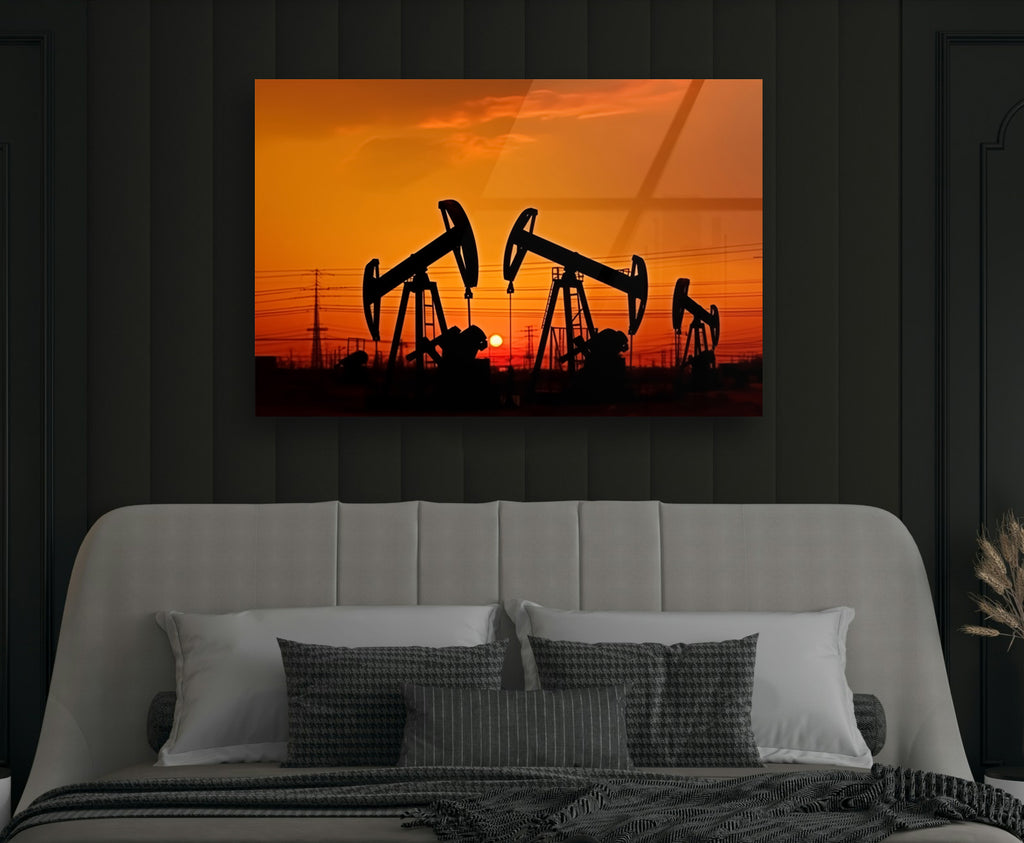 Oil Pumpjacks at Sunset Glass Wall Art on the wall