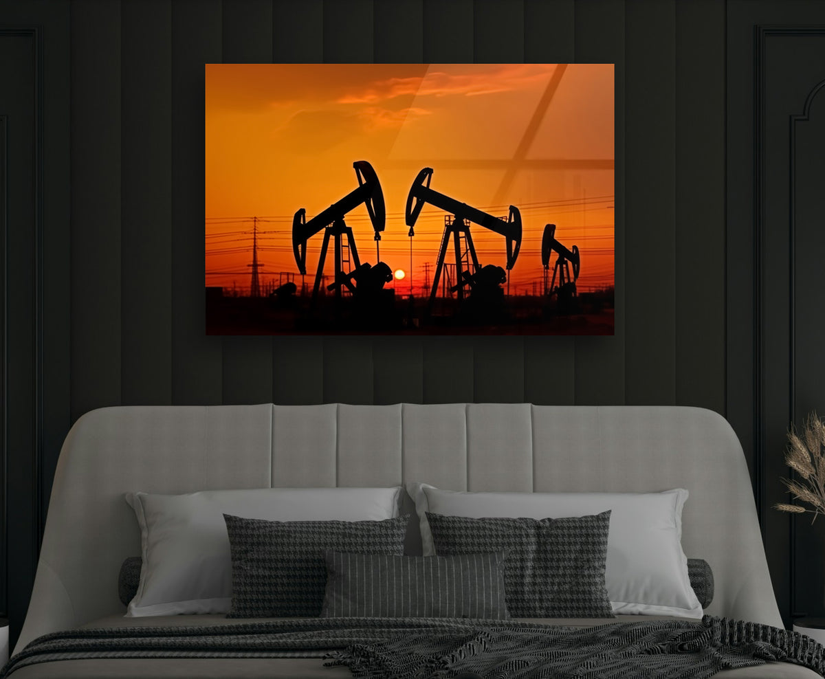 Oil Pumpjacks at Sunset Glass Wall Art on the wall