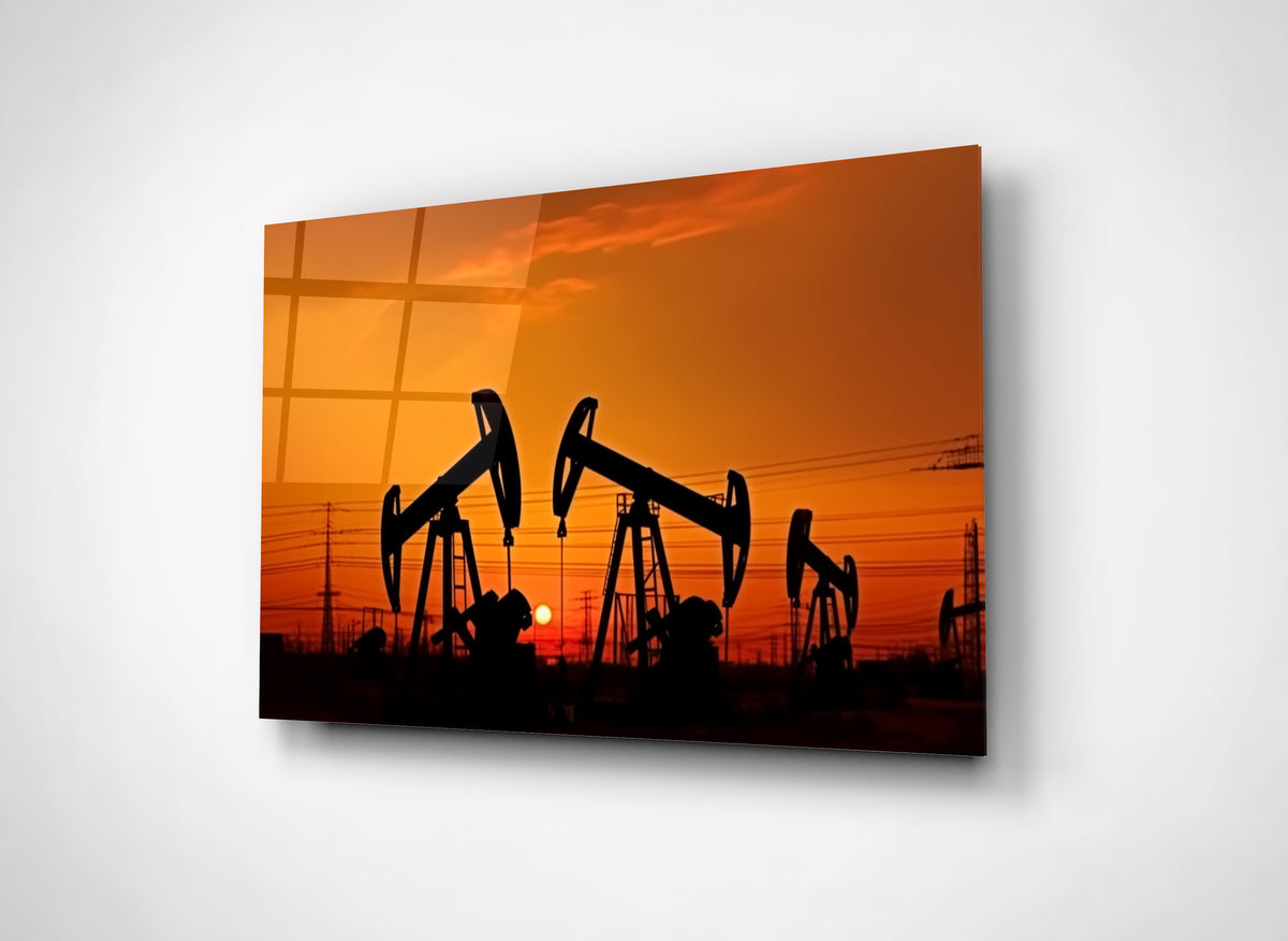 Oil Pumpjacks at Sunset Glass Wall Art close-up