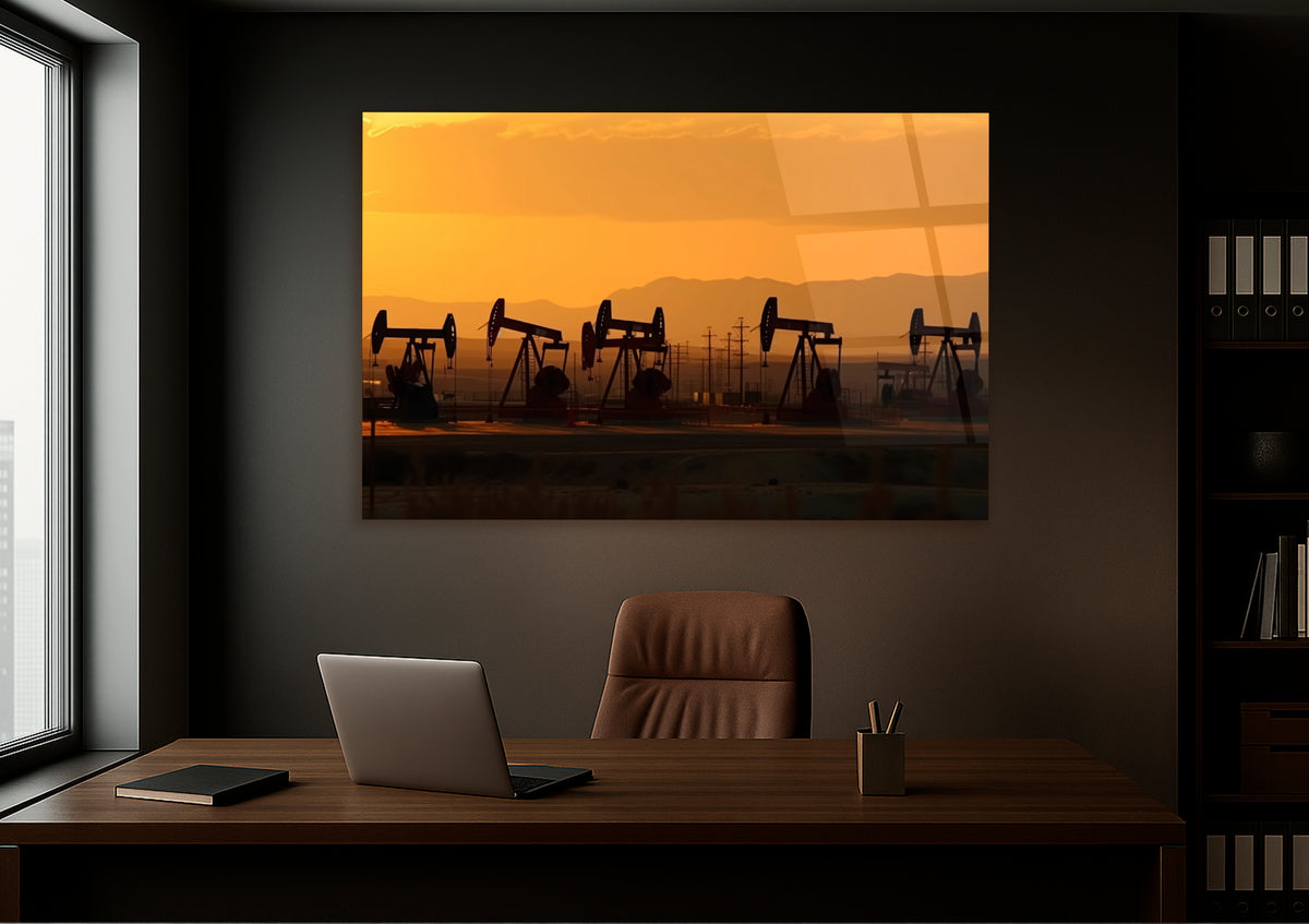 Oil Pumpjacks at Sunset Glass Wall Art in a living room interior