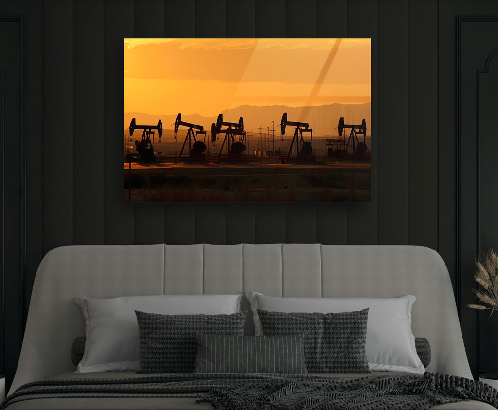 Oil Pumpjacks at Sunset Glass Wall Art in a modern interior