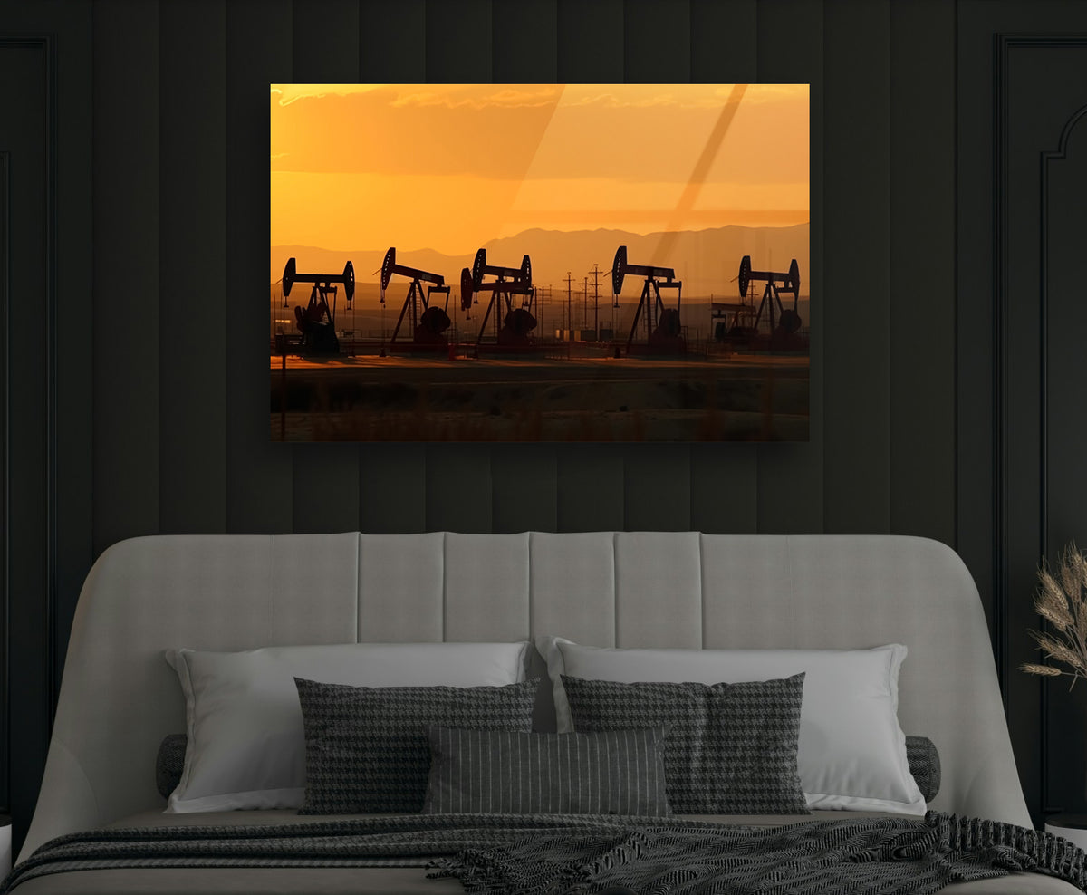 Oil Pumpjacks at Sunset Glass Wall Art in a modern interior
