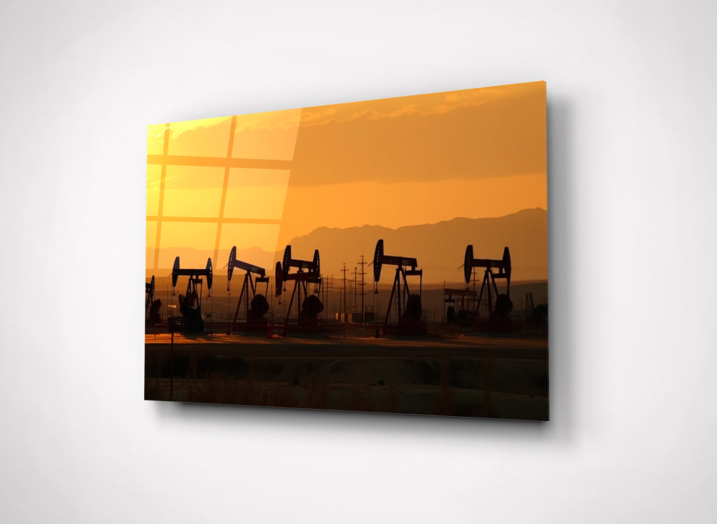 Oil Pumpjacks at Sunset Glass Wall Art close-up