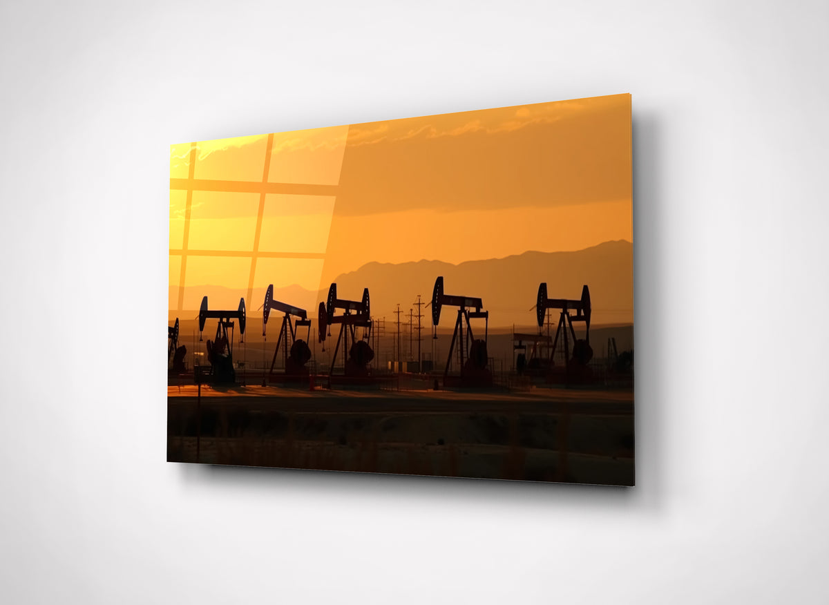 Oil Pumpjacks at Sunset Glass Wall Art close-up