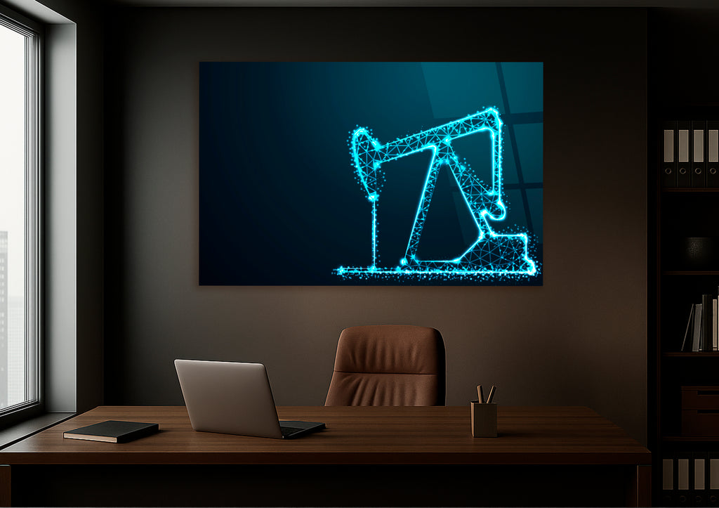 Neon Blue Oil Pump Jack Glass Wall Art in a living room interior