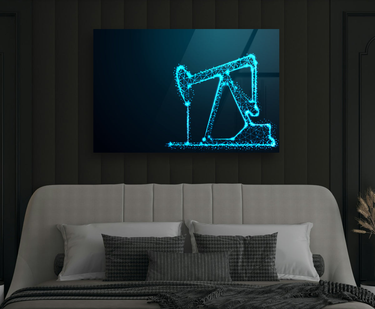 Neon Blue Oil Pump Jack Glass Wall Art in a modern interior