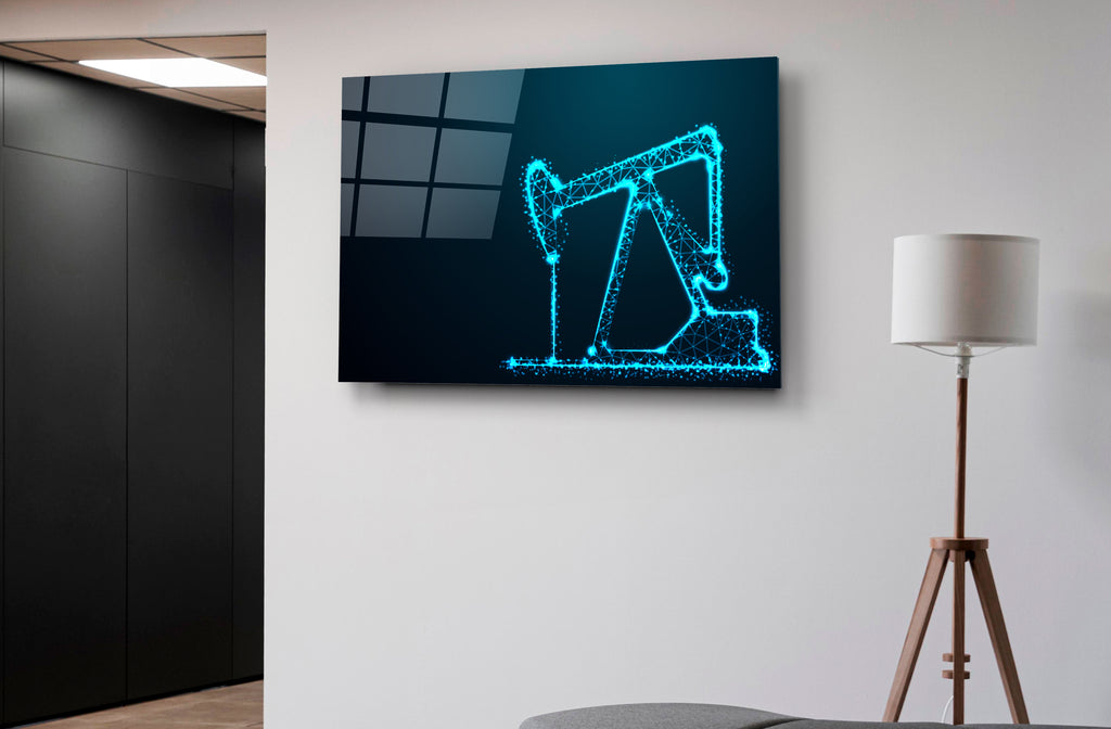 Neon Blue Oil Pump Jack Glass Wall Art on the wall