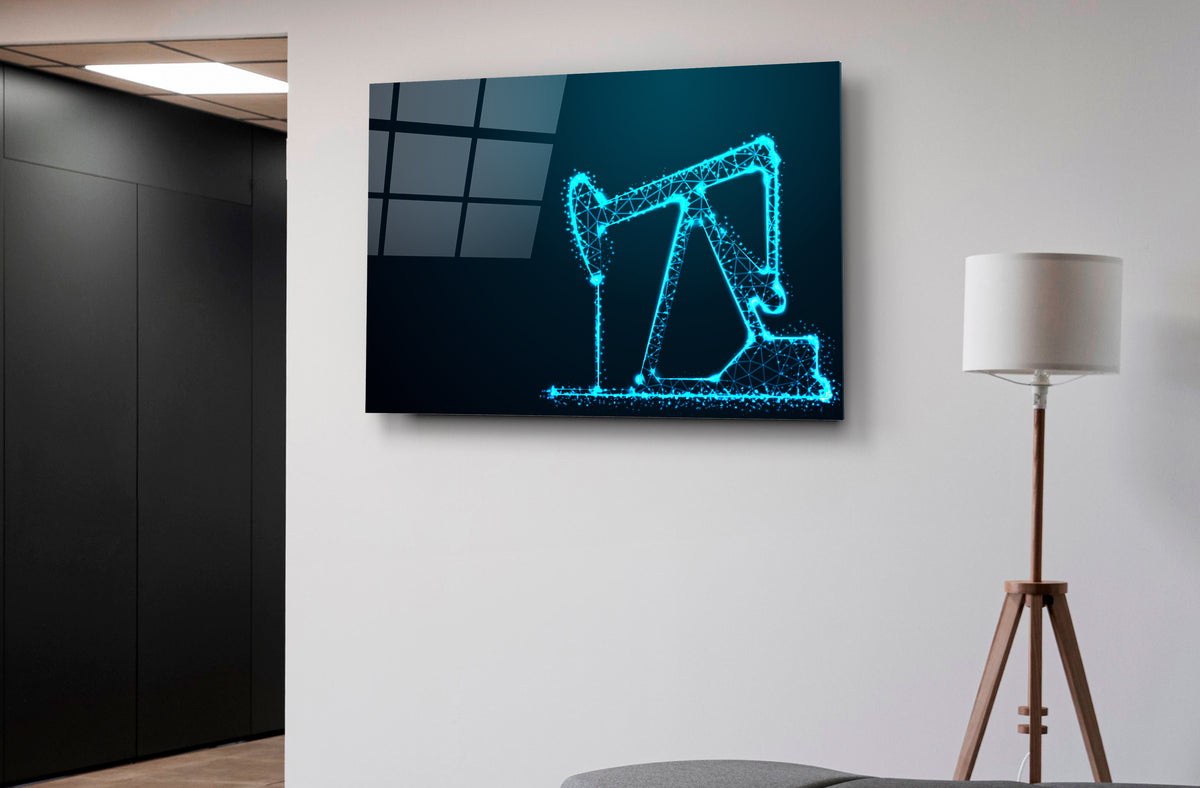 Neon Blue Oil Pump Jack Glass Wall Art on the wall