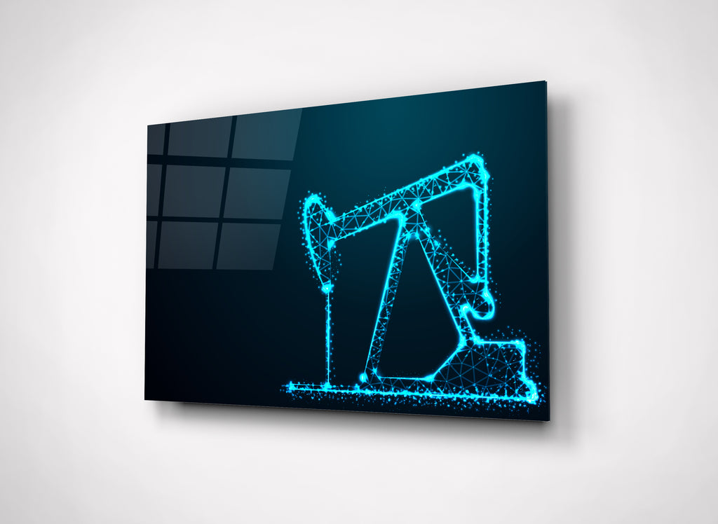 Neon Blue Oil Pump Jack Glass Wall Art close-up