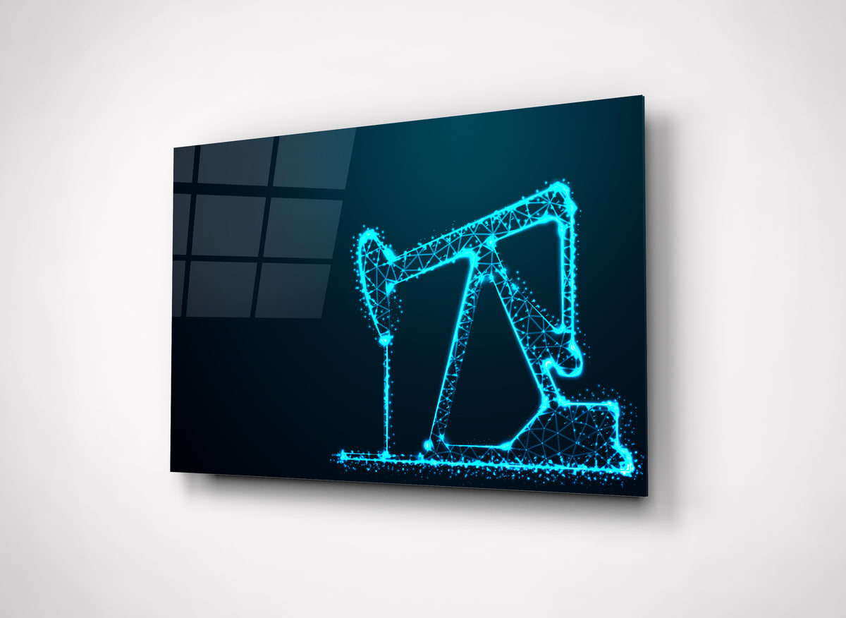 Neon Blue Oil Pump Jack Glass Wall Art close-up