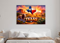 Texas Longhorn Sunset Glass Wall Art in a living room interior