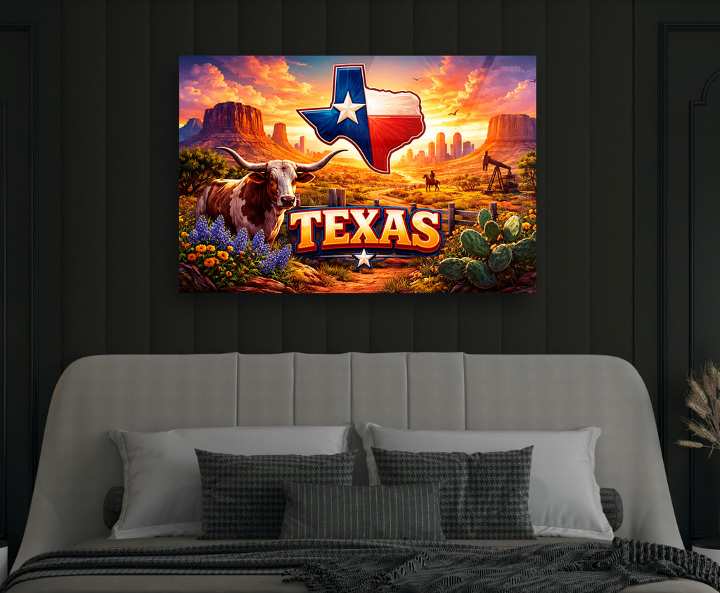 Texas Longhorn Sunset Glass Wall Art in a modern interior