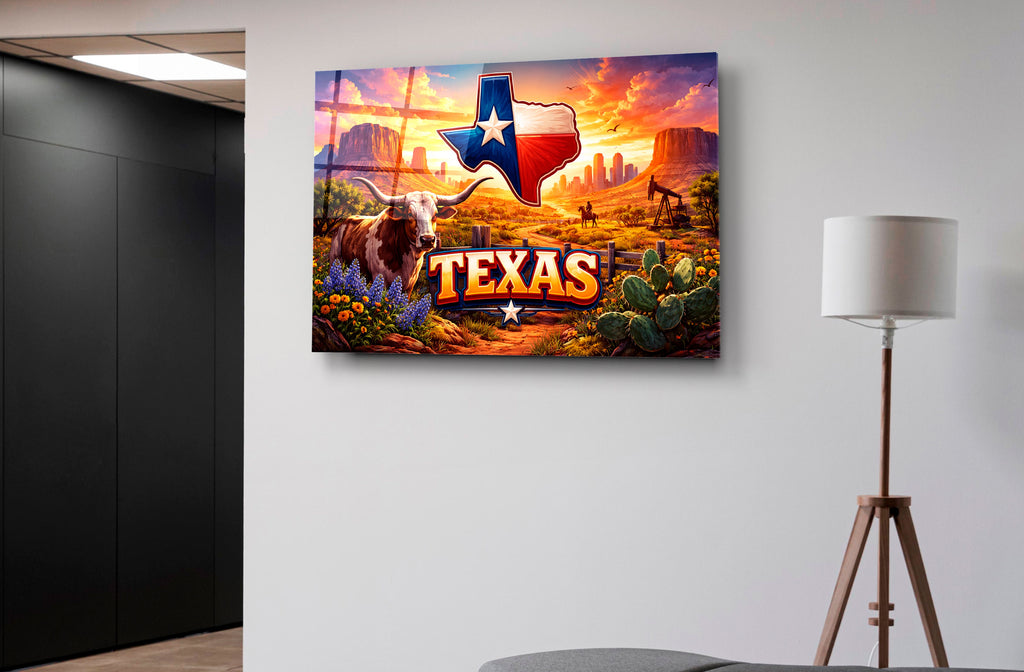 Texas Longhorn Sunset Glass Wall Art on the wall