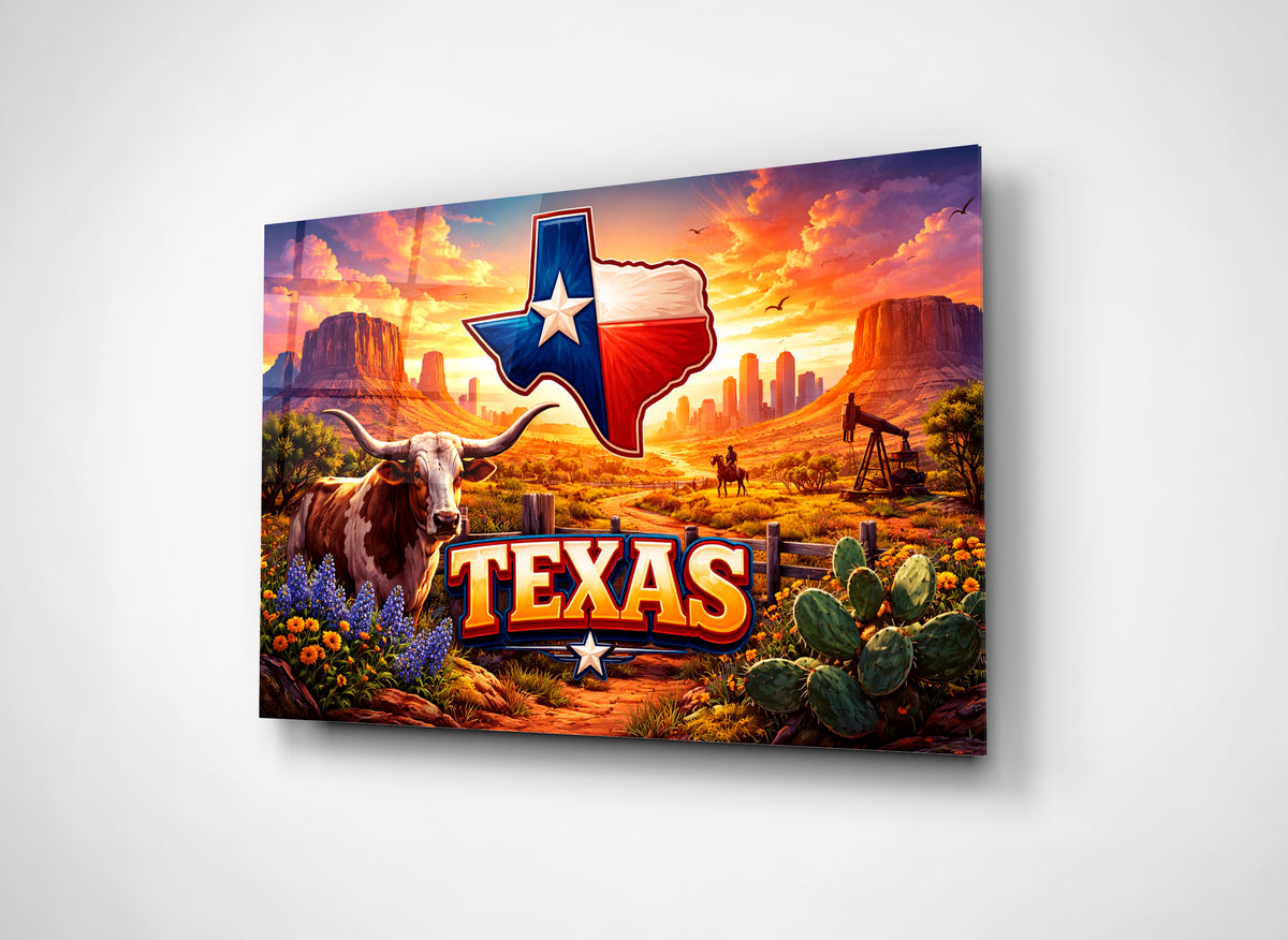 Texas Longhorn Sunset Glass Wall Art close-up