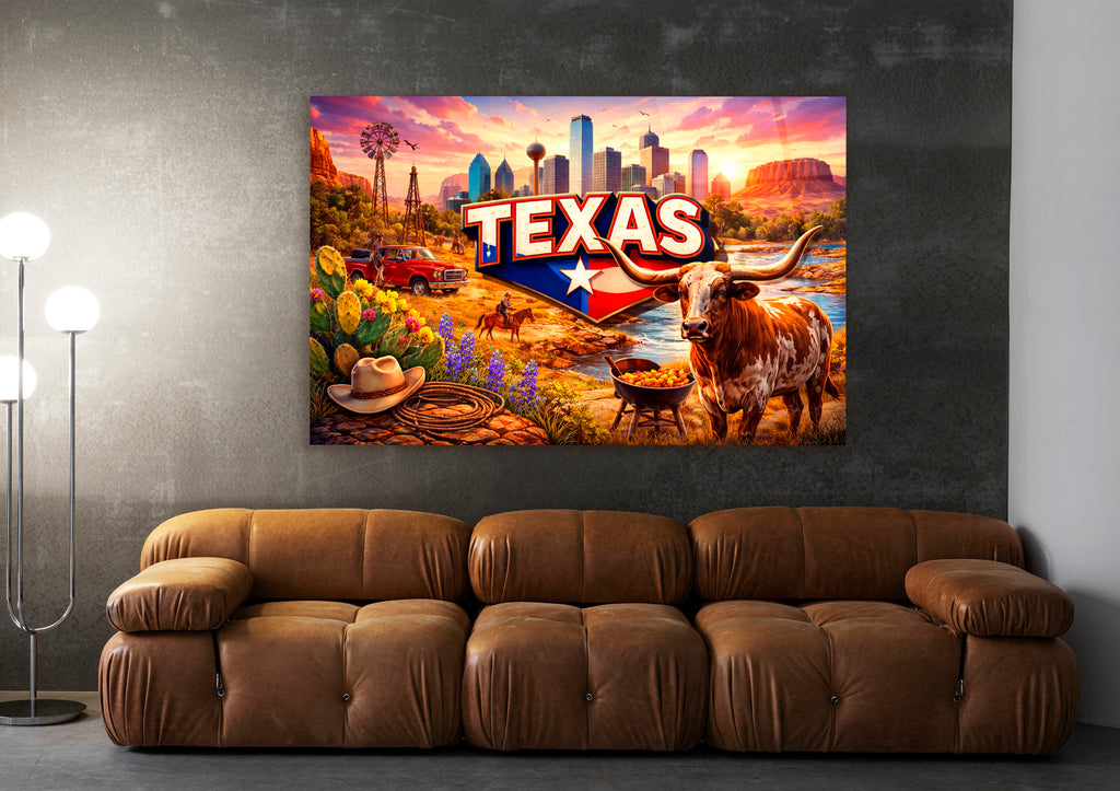 Texas Longhorn Sunset Landscape Glass Wall Art in a living room interior