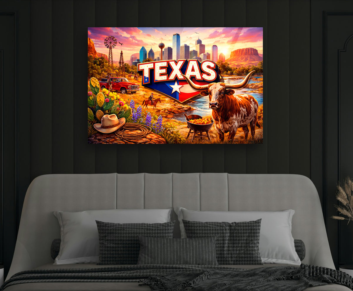 Texas Longhorn Sunset Landscape Glass Wall Art in a modern interior