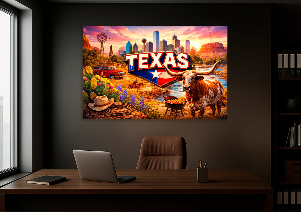 Texas Longhorn Sunset Landscape Glass Wall Art on the wall
