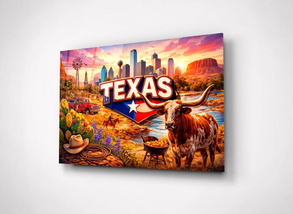 Texas Longhorn Sunset Landscape Glass Wall Art close-up