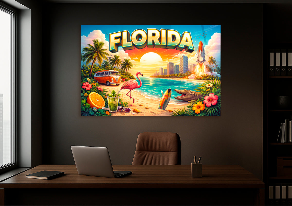 Florida Sunshine Retro Postcard Glass Wall Art in a living room interior