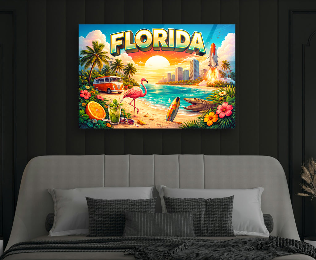 Florida Sunshine Retro Postcard Glass Wall Art in a modern interior