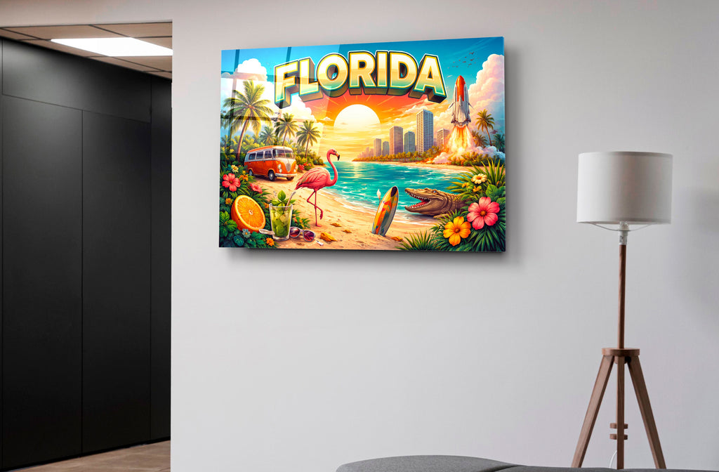 Florida Sunshine Retro Postcard Glass Wall Art on the wall