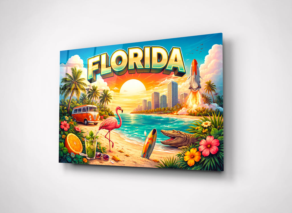 Florida Sunshine Retro Postcard Glass Wall Art close-up