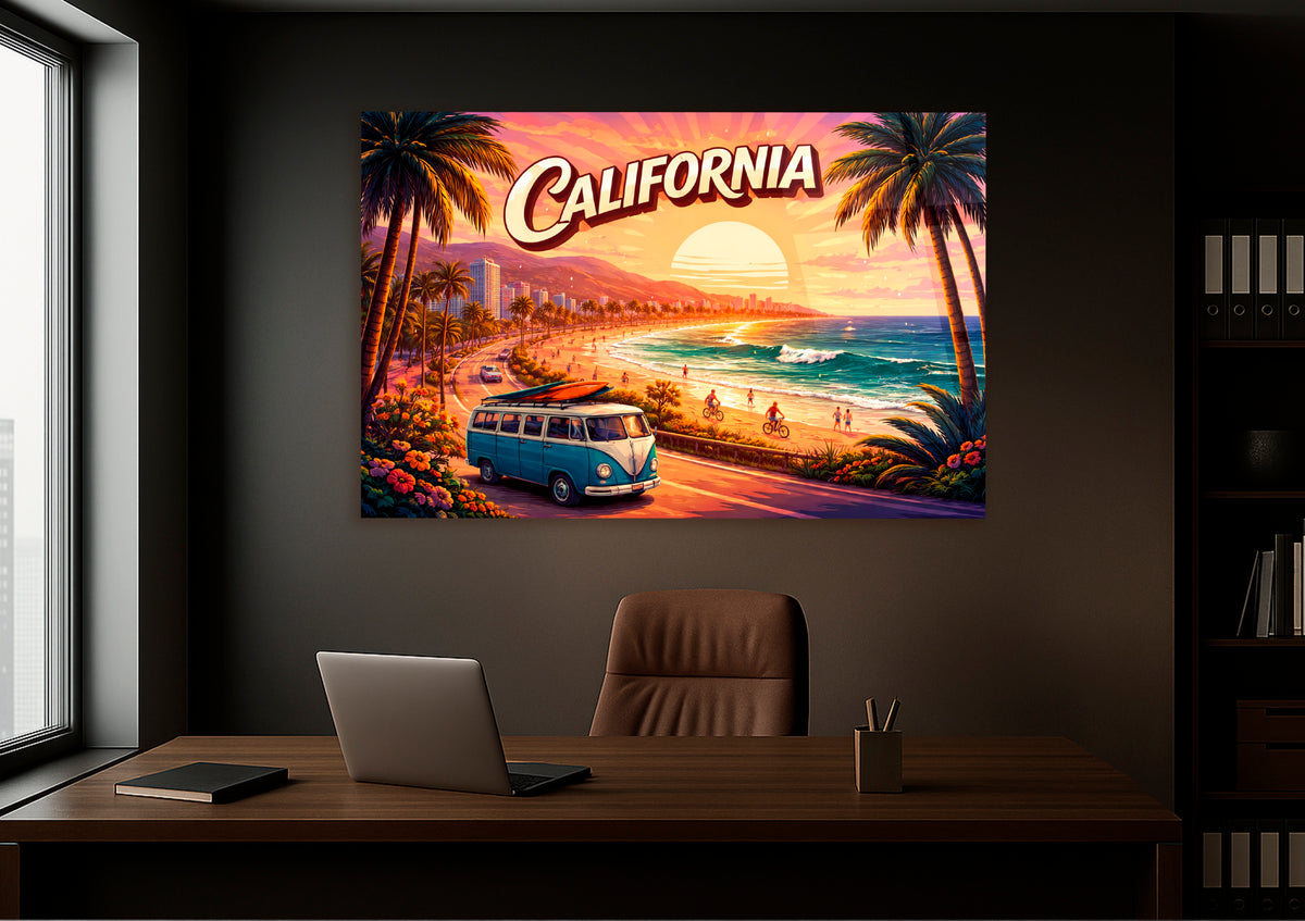 California Coast Retro Postcard Glass Wall Art in a living room interior
