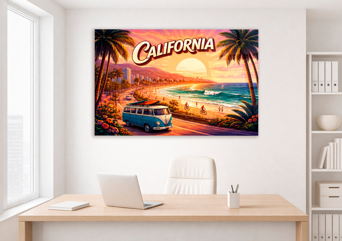 California Coast Retro Postcard Glass Wall Art in a modern interior