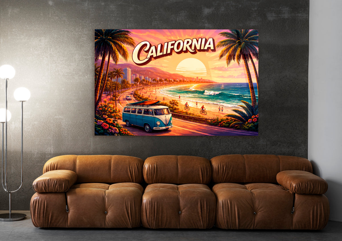 California Coast Retro Postcard Glass Wall Art on the wall