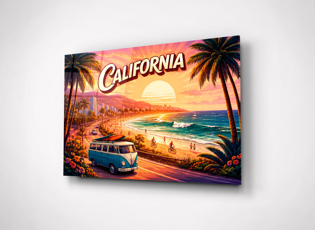 California Coast Retro Postcard Glass Wall Art close-up