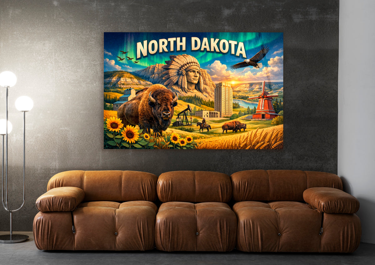 North Dakota Retro Postcard Glass Wall Art in a living room interior