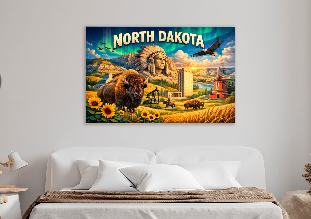 North Dakota Retro Postcard Glass Wall Art in a modern interior