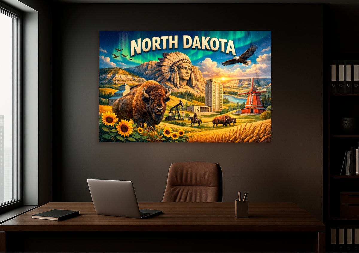 North Dakota Retro Postcard Glass Wall Art on the wall