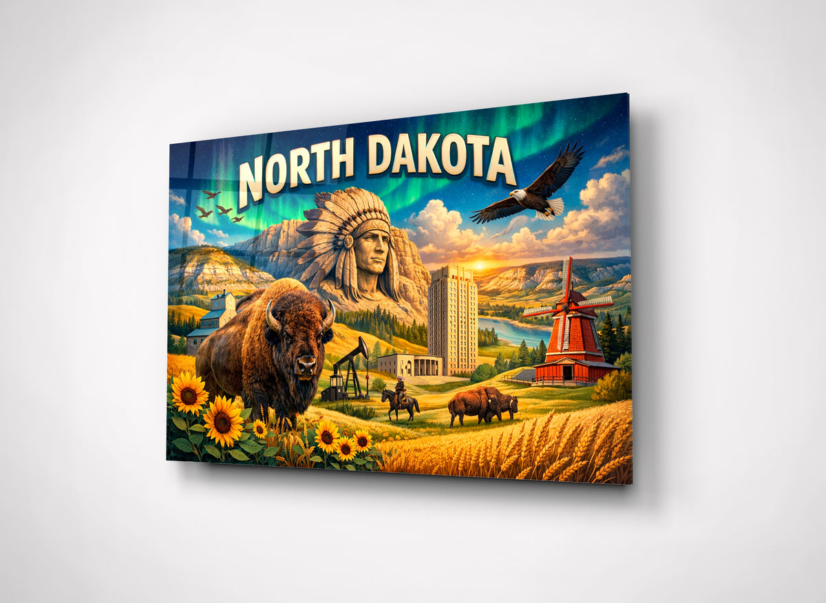 North Dakota Retro Postcard Glass Wall Art close-up
