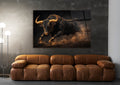 Charging Black Bull in Golden Dust Glass Wall Art in a living room interior