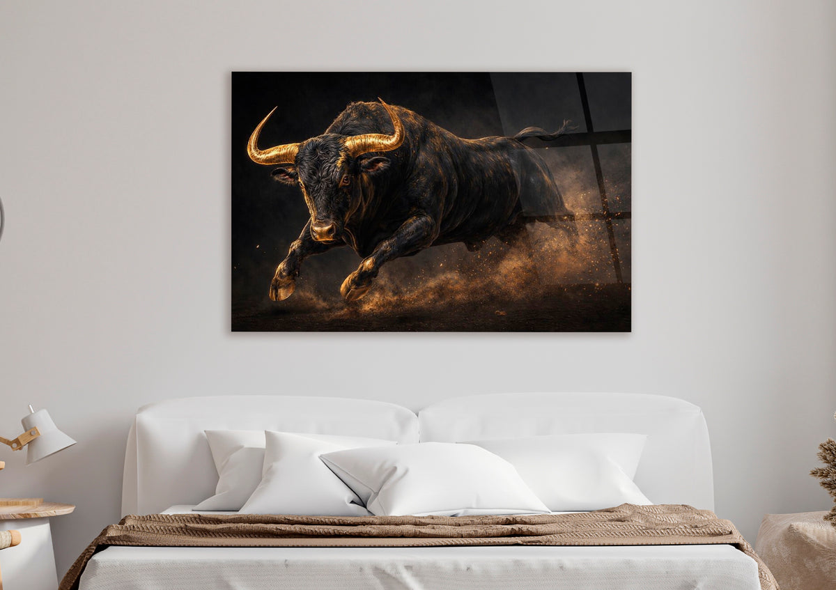 Charging Black Bull in Golden Dust Glass Wall Art in a modern interior