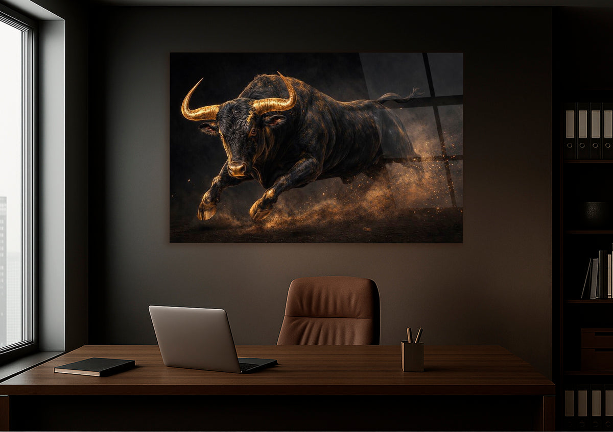 Charging Black Bull in Golden Dust Glass Wall Art on the wall