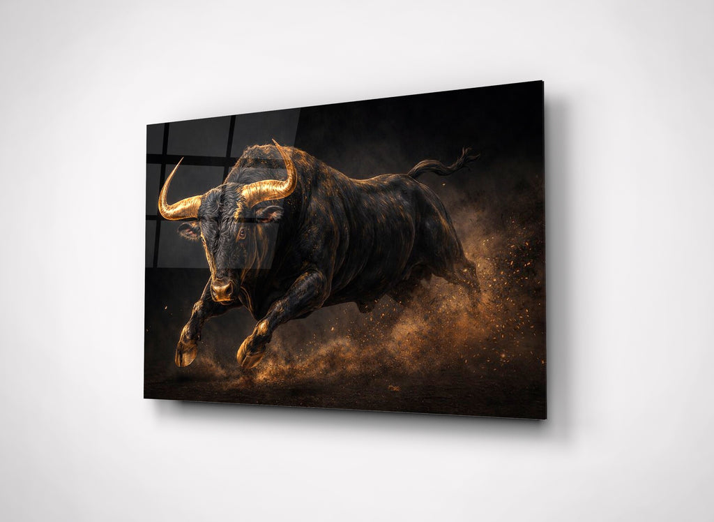 Charging Black Bull in Golden Dust Glass Wall Art close-up