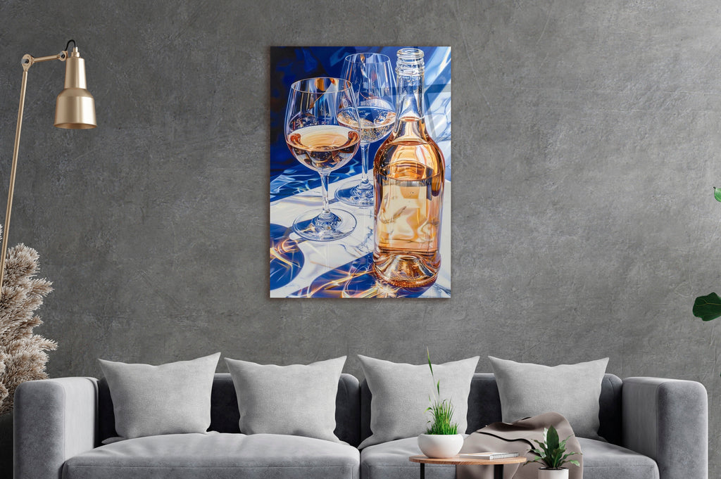 Rose Wine and Glasses on Blue Glass Wall Art in a living room interior