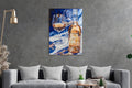 Rose Wine and Glasses on Blue Glass Wall Art in a living room interior