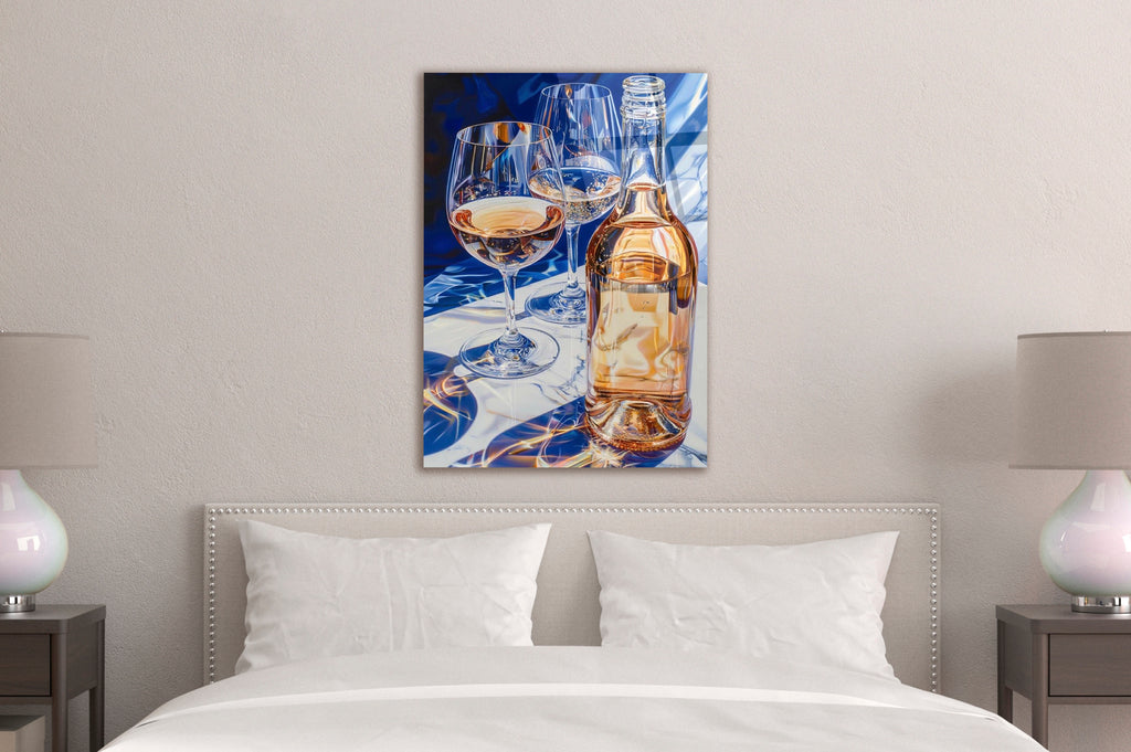 Rose Wine and Glasses on Blue Glass Wall Art in a modern interior
