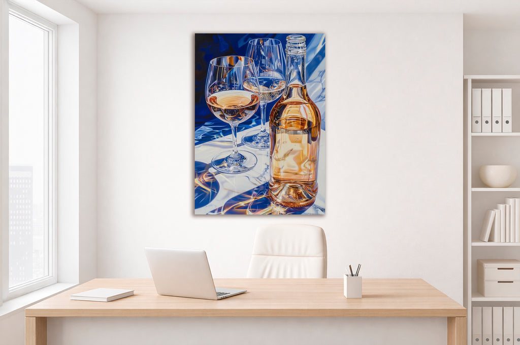 Rose Wine and Glasses on Blue Glass Wall Art on the wall