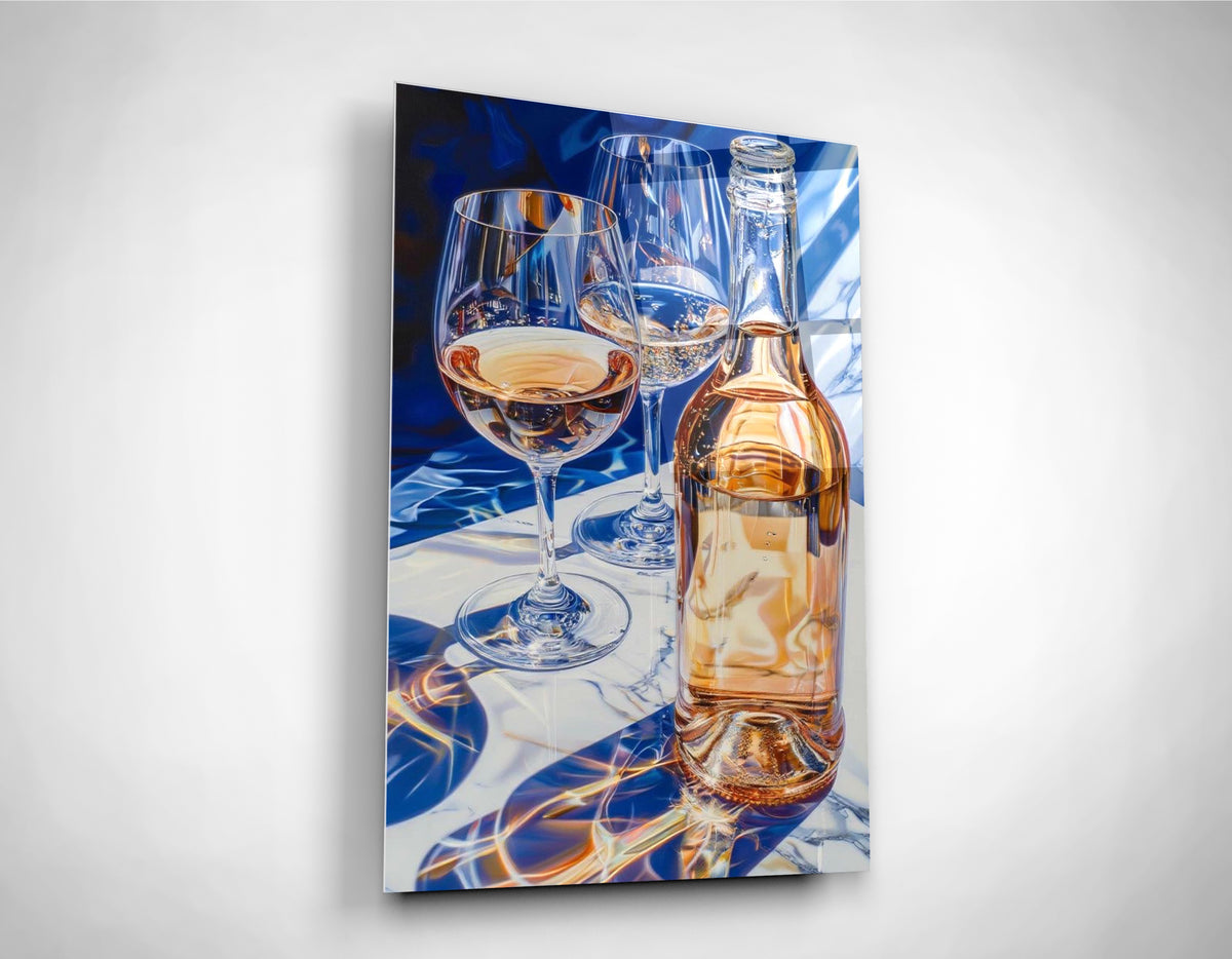 Rose Wine and Glasses on Blue Glass Wall Art close-up
