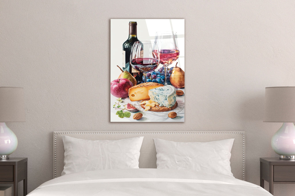 Wine and Cheese Still Life Glass Wall Art in a living room interior